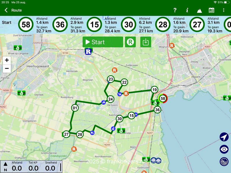 Fietsroute kaart fietsknoop   Knooppunten start 58-36-15-30-28-27-01-24-23-22-19-58